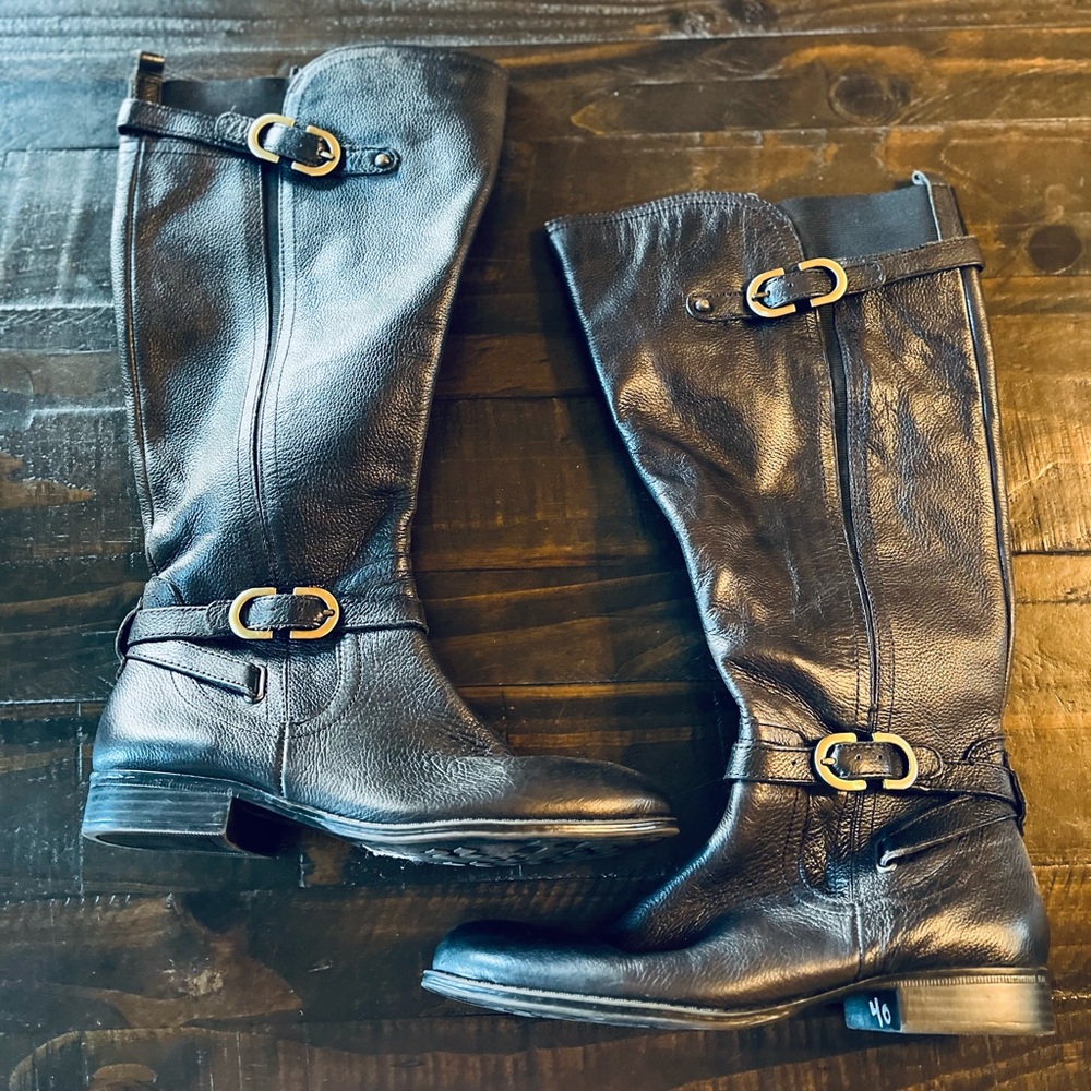 Naturalizer Wide Calf Comfort Black Leather Riding Boots with Buckle Accents